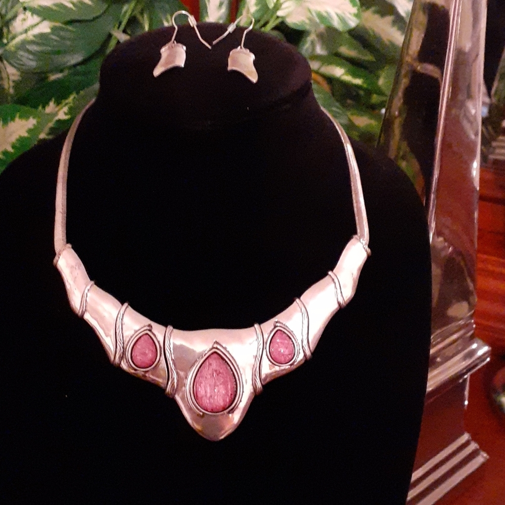 Silver Necklace with Purple Stone and Earrings